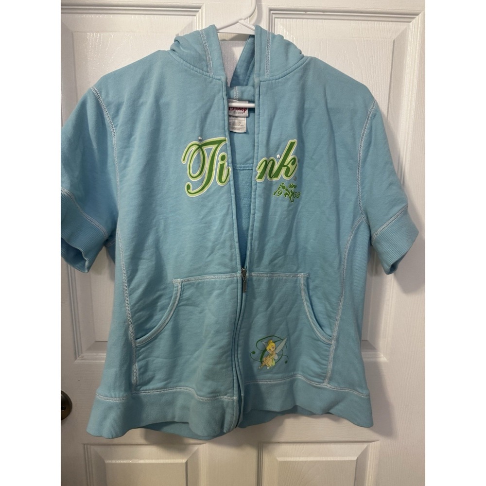 Vintage Disney Tinkerbell Blue Women's Short Sleeve Hoodie Sz XL Pullover - Picture 9 of 11